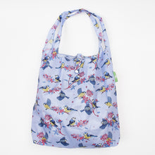 Eco-friendly foldaway shopper with storage pouch made from recycled bottles. Blue Tits design.