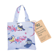 Eco-friendly foldaway shopper with storage pouch made from recycled bottles. Blue Tits design.