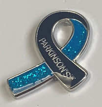 Parkinson's UK navy and cyan blue glitter enamel ribbon pin
