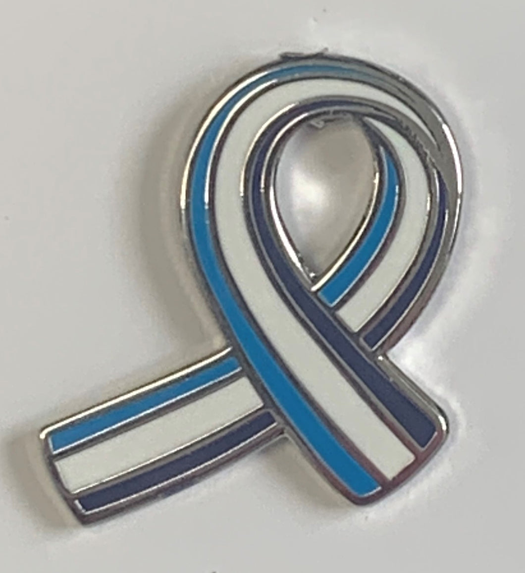 Parkinson's UK navy, cyan blue and white enamel ribbon pin