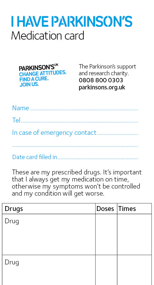 Parkinson’s medication card - Parkinson's shop