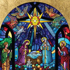 Parkinson's UK charity Christmas cards. Stained glass Bethlehem design. Pack of 10 cards.