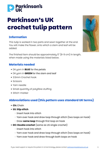 World Parkinson's Day. Parkinson's UK crochet tulip pattern. Download now!