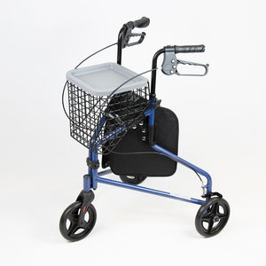 3 wheeled rollator with bag, basket and tray