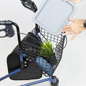 3 wheeled rollator with bag, basket and tray