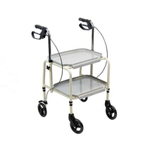 Combination wheeled trolley walker and standing aid with hand brakes