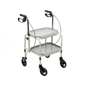 Combination wheeled trolley walker and standing aid with hand brakes
