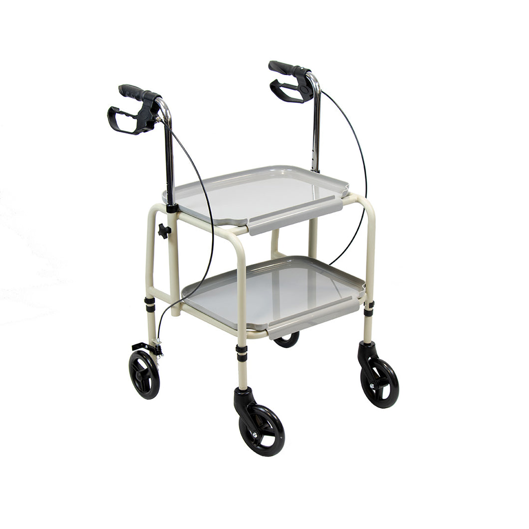 Combination wheeled trolley walker and standing aid with hand brakes