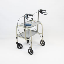 Combination wheeled trolley walker and standing aid with hand brakes