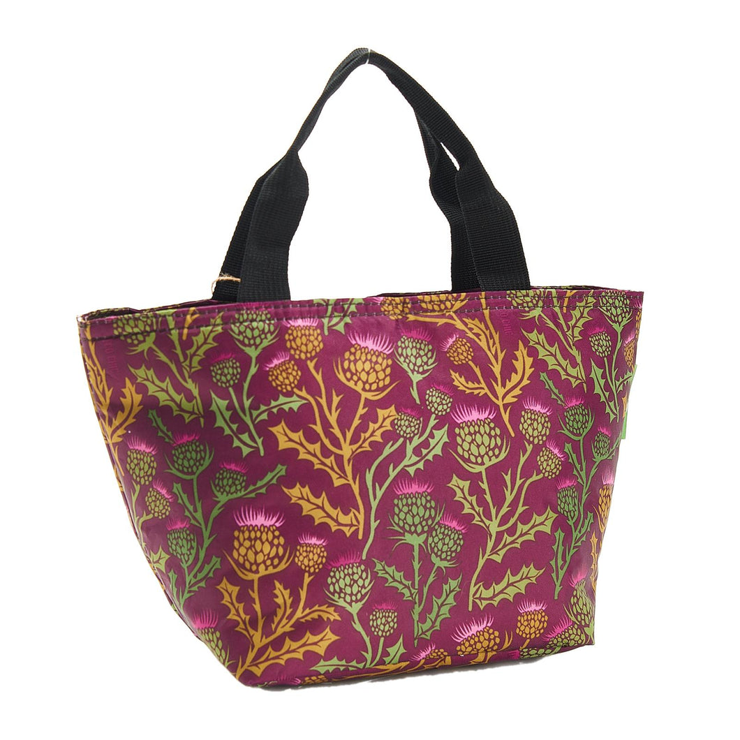 Eco-friendly insulated lunch bag made from recycled bottles. Thistle design.
