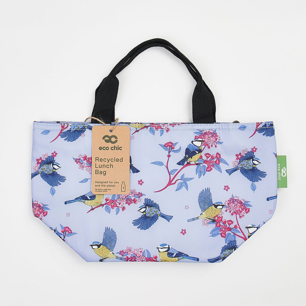 Eco-friendly insulated lunch bag made from recycled bottles. Blue tits design.