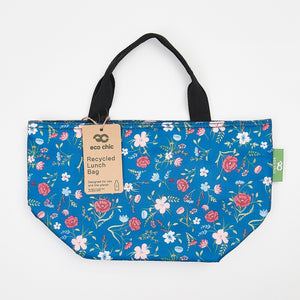 Eco-friendly insulated lunch bag made from recycled bottles. Floral design.