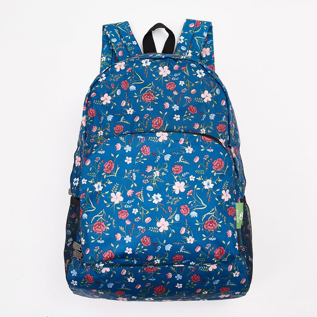 Eco friendly foldable backpack made from recycled plastic bottles. Floral design