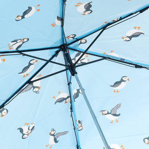 Eco-friendly super compact umbrella made from recycled plastic bottles. Puffin design