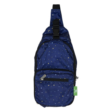 Eco-friendly cross body compact bag made from recycled plastic bottles. Moon and stars design