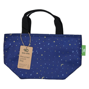 Eco-friendly insulated lunch bag made from recycled bottles. Moon and stars design