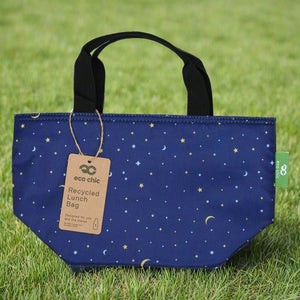 Eco-friendly insulated lunch bag made from recycled bottles. Moon and stars design