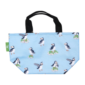 Eco-friendly insulated lunch bag made from recycled bottles. Puffin design