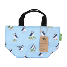 Eco-friendly insulated lunch bag made from recycled bottles. Puffin design