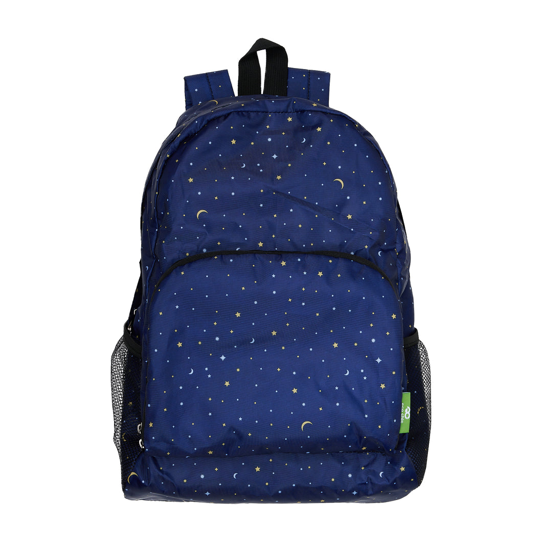 Eco friendly foldable backpack made from recycled plastic bottles. Moon and stars design