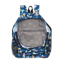 Eco friendly foldable backpack made from recycled plastic bottles. Seaside design