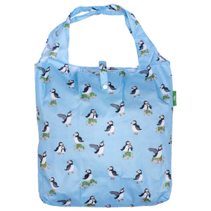 Eco-friendly foldaway shopper with storage pouch made from recycled bottles. Puffin design