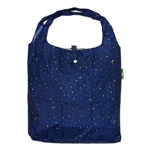 Eco-friendly foldaway shopper with storage pouch made from recycled bottles. Moon and stars design.