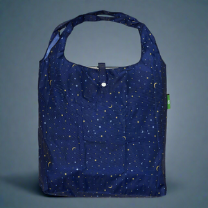 Eco-friendly foldaway shopper with storage pouch made from recycled bottles. Moon and stars design.