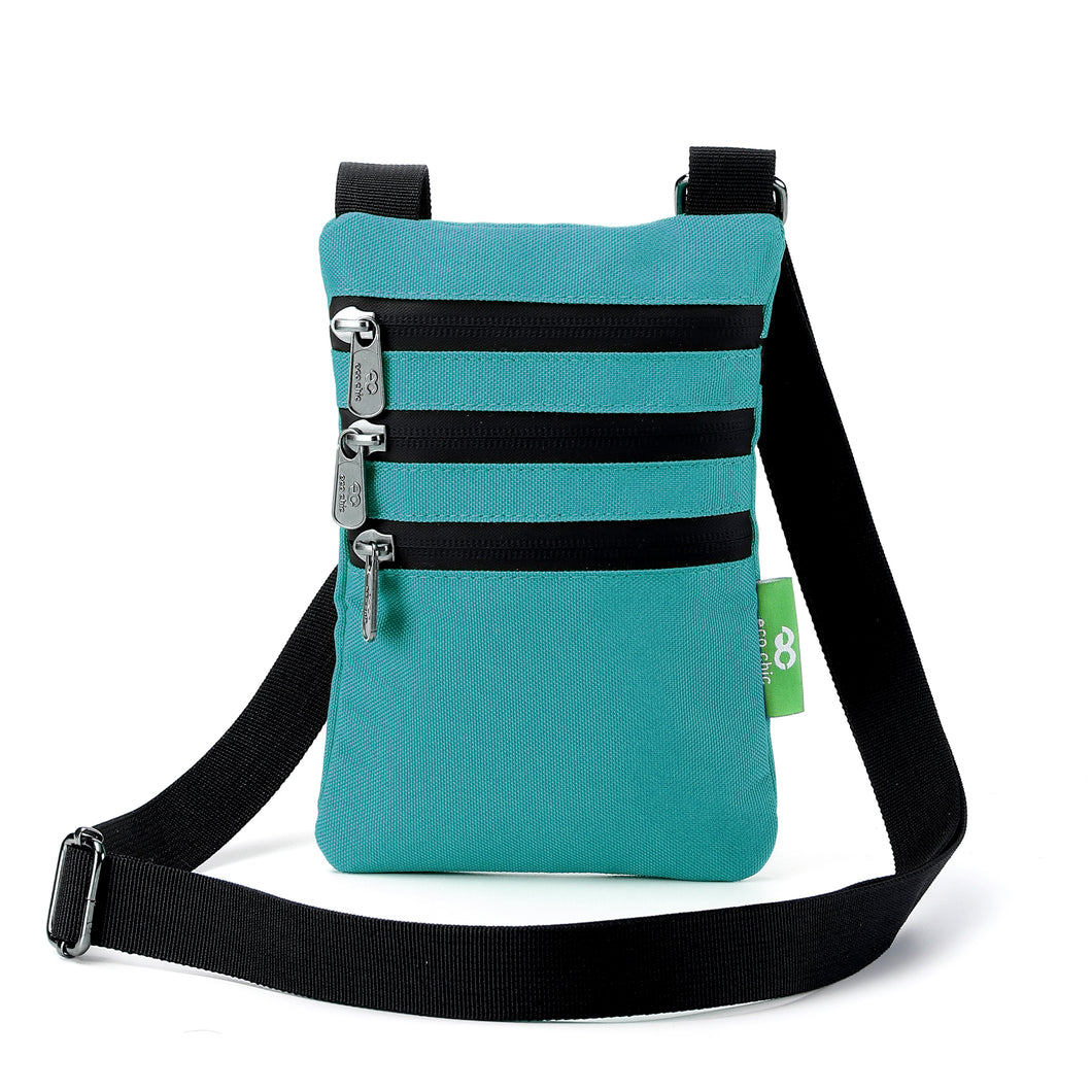 Eco-friendly phone crossbody bag made from recycled bottles. Caribbean blue.