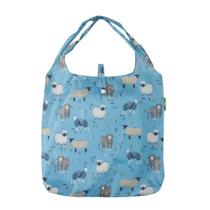 Eco-friendly foldaway shopper with storage pouch made from recycled bottles. Sheep design