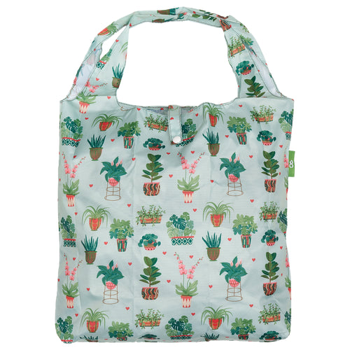 Eco-friendly foldaway shopper with storage pouch made from recycled bottles. Plants design