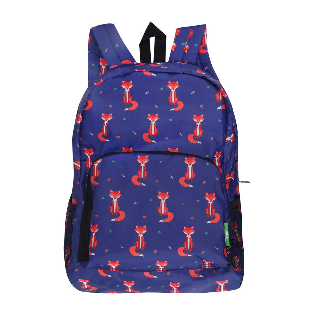 Eco-friendly foldaway backpack with storage pouch made from recycled bottles. Fox design