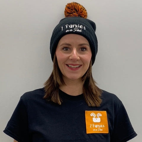 2 Parkies in a Pod embroidered beanie with pom pom. Coming soon