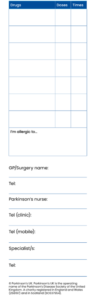 Parkinson’s medication card – Parkinson's UK shop