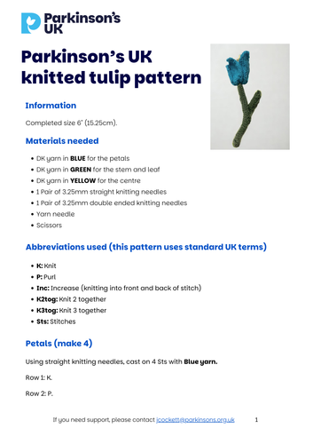 World Parkinson's Day. Parkinson's UK knitted tulip pattern. Download today!