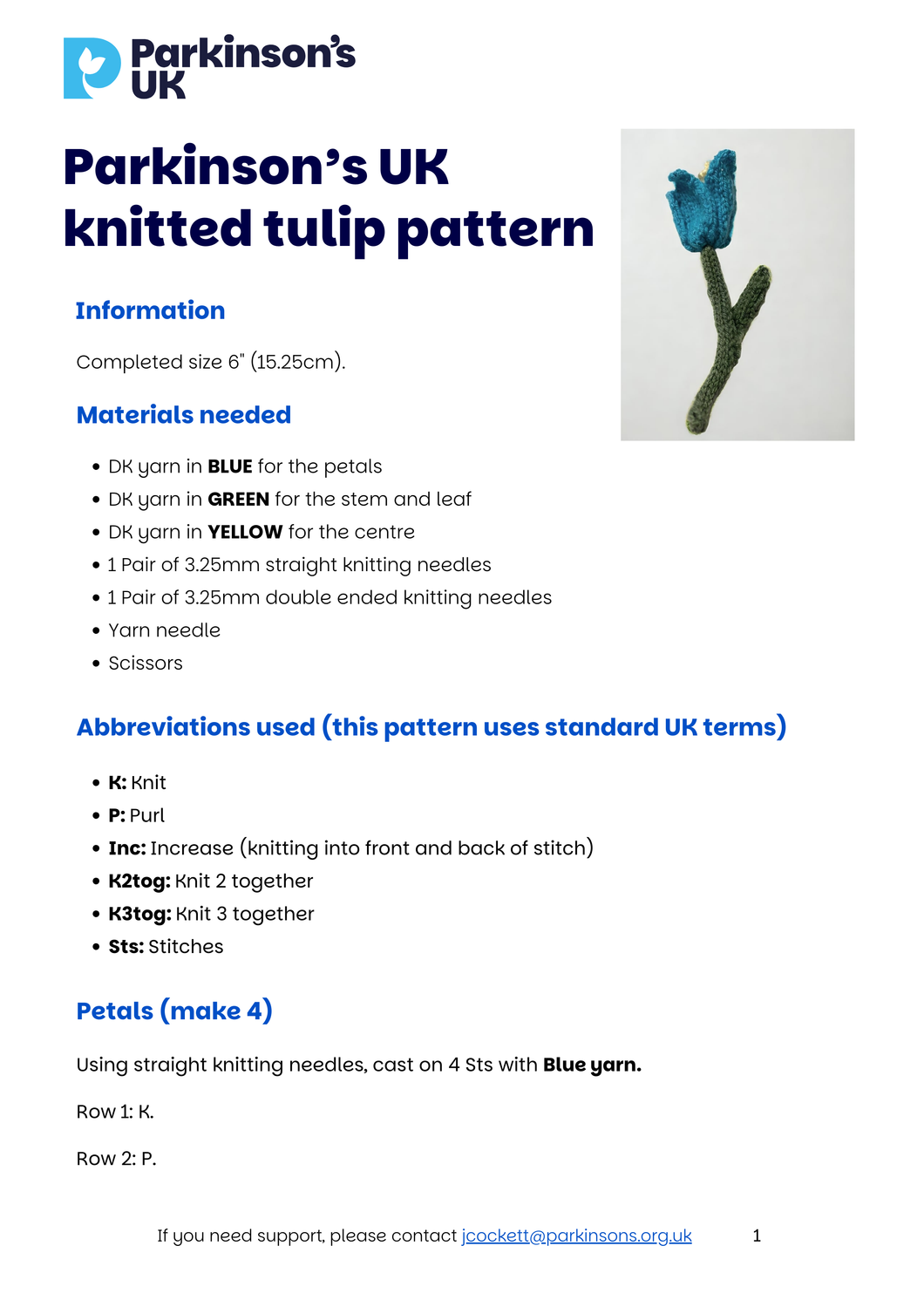 World Parkinson's Day. Parkinson's UK knitted tulip pattern. Download today!