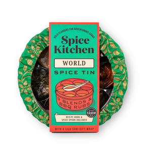 World spice tin in Sari gift wrap