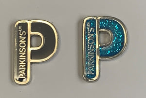 NEW! Parkinson's UK "P" navy and cyan blue glitter enamel pin badges twin pack