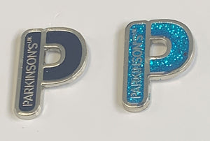 NEW! Parkinson's UK "P" navy and cyan blue glitter enamel pin badges twin pack