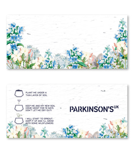 Parkinson's UK charity wedding and in celebration seed place cards. Wildflower design. Pack of 10