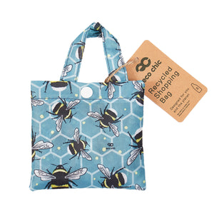 Eco-friendly foldaway shopper with storage pouch made from recycled plastic bottles. Blue bumble bee design