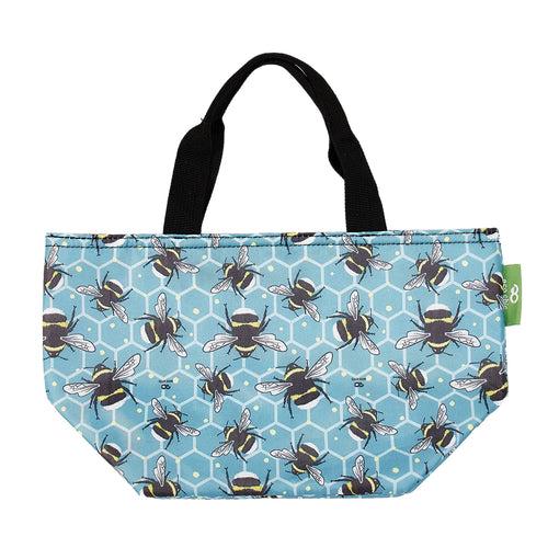 Eco-friendly insulated lunch bag made from recycled plastic bottles. Blue bumble bee design