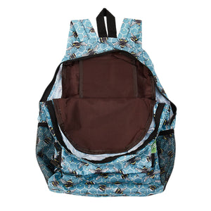 Eco friendly foldable backpack made from recycled plastic bottles. Blue bumble bee design