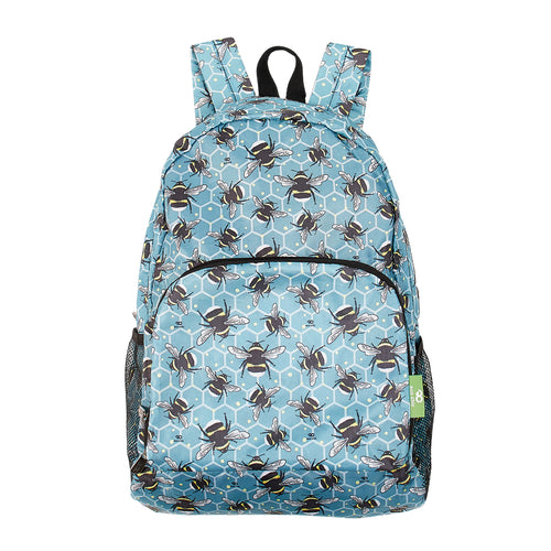 Eco friendly foldable backpack made from recycled plastic bottles. Blue bumble bee design