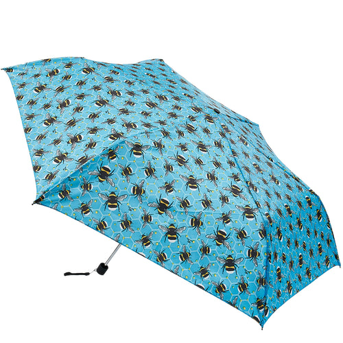 Eco-friendly super compact umbrella made from recycled plastic bottles. Blue bumble bee design