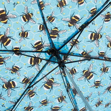 Eco-friendly super compact umbrella made from recycled plastic bottles. Blue bumble bee design