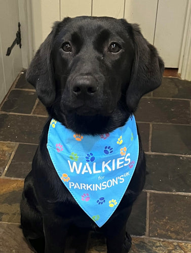 Parkinson's UK walkies dog bandana with colourful paw prints